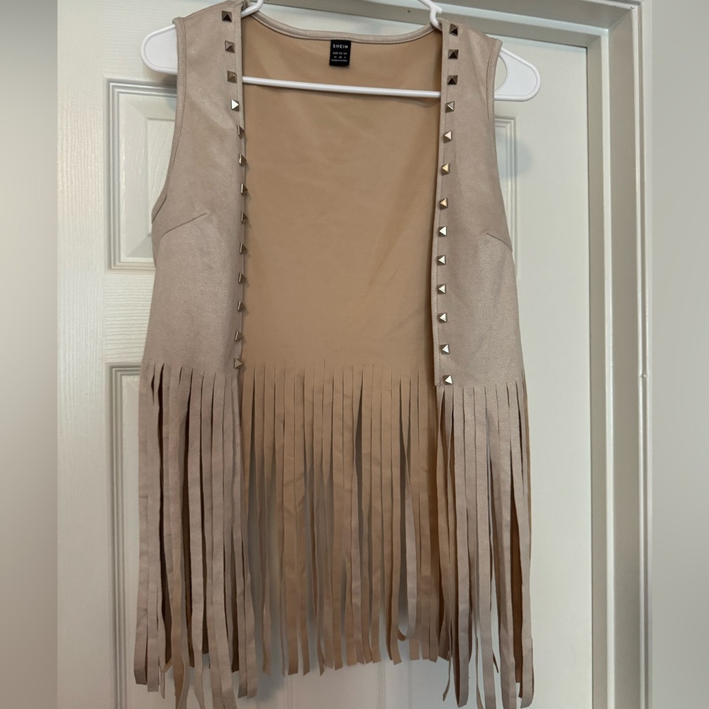 Fringed Beige Vest with Studded Details